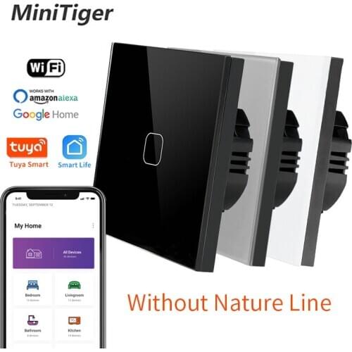 Minitiger Glass Panel EU/UK Standard 1/2/3 Gang Wall Light Touch Switch Tuya/Smart Life Wireless ControL Touch Light Switch
