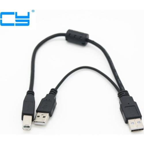 USB 2.0 A Male to B Male AM-BM with Power Y Cable Dual Double USB A to Single Printer USB B for Portable HDD Enclosure 30cm 1FT
