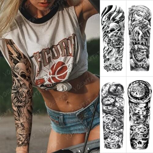 Waterproof Temporary Large Arm Sleeve Tattoo Sticker Skull Ghost Fox Wolf Lion Rose Flash Tattoos Woman Body Art Fake Tatto Male
