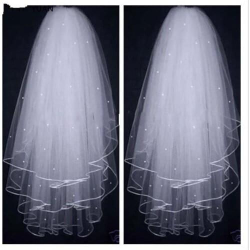 High Quality Soft Bridal Illusion White/Ivory 3T Ribbon Edges with Pearls Bridal Wedding Veils