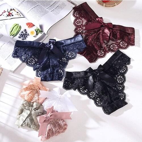 Women Sexy Panties Lace Sexy Briefs Seamless Thong Low Waist Cotton Bow Panties Transparent Hollowed Out Women Underwear