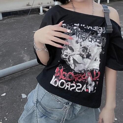 Women Detachable Sleeve Gothic Print T-shirt Black Punk Lady Off Shoulder Y2k Sexy T Shirt Summer Stap Harajuku Street Tee Tops