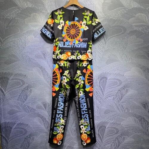 Seifrman Women Fashion Summer Designer 2 Pieces Set Floral Print Crystal Short Tees + Letter Long Pants Two Pieces Suits 2021