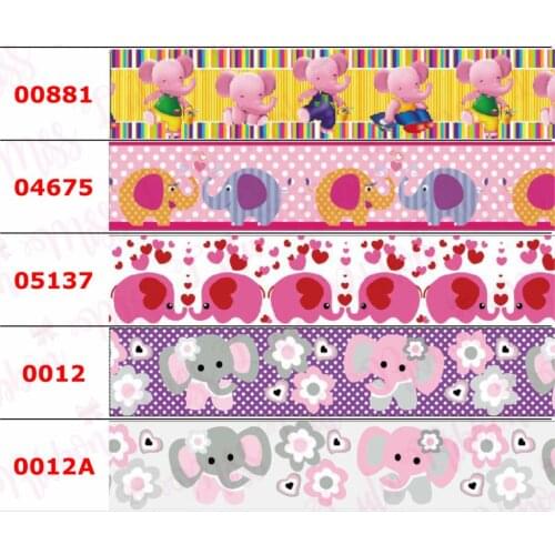 16mm-75mm Cartoon Elephant Series Check Flower Printed Grosgrain/Elastic Ribbon Happy Valentines Day DIY Bows 50yards/roll