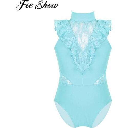 FEESHOW Kids Girls Clothes Ballet Dance Costume Sleeveless Ruffled Lace Splice Back Zipper Closure Gymnastics Leotard Swimsuit