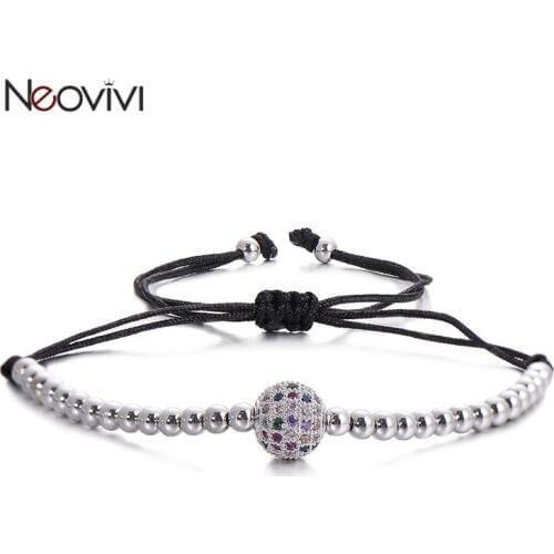 Neovivi Colorful CZ Round Bead Macrame Bracelet with Copper Ball Beads Braiding Bracelets for Women Men Adjustable DIY Jewelry