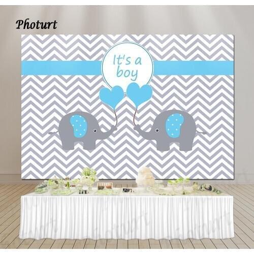 PHOTURT Baby Elephant Backdrop Kids Birthday Newborn Shower Background Grey Stripes Vinyl Banner Photography Studios Props