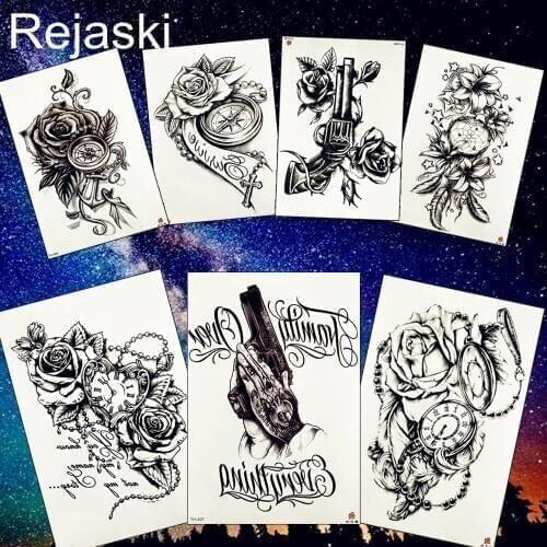 REJASKI Body Art Painting Black Rose Clock Compass Flower Temporary Tattoo Sticker Gun Totem Waterproof Tattoos Arm Fake Tatoo
