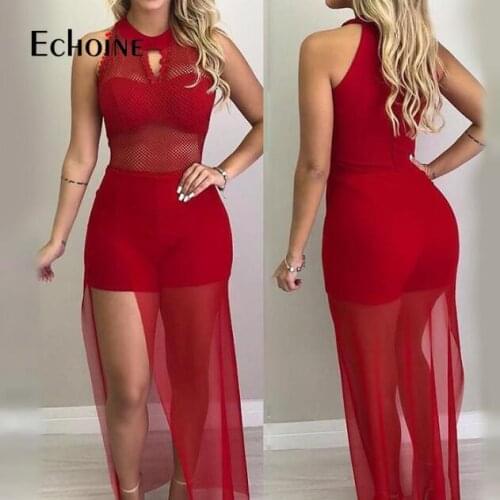 Echoine Mesh Splicing Tassel sleeveless Jumpsuit Summer Women Casual Night Club Party Beach Rompers bodysuits playsuit Dresses