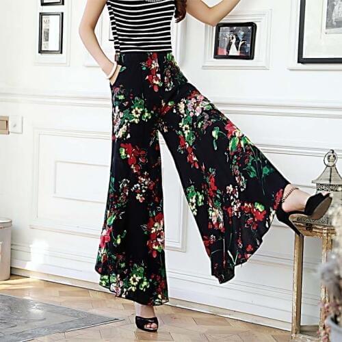 Summer Women Plus Size Wide Leg Pants Female Casual Loose Full Long Ruffle Elastic High Waist Trousers Party Dancing Clothing