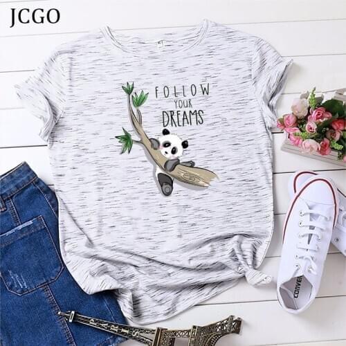 JCGO Summer Women T Shirt 100% Cotton Cute Panda Print Plus Size S-5XL O-Neck Short Sleeve Lady tshirts Fashion Casual Tee Tops