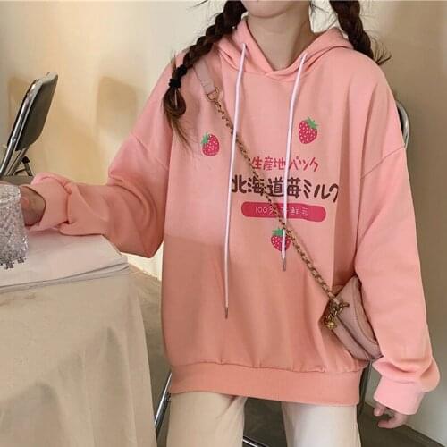 Cute Hokkaidos Strawberry Japanese Girl Sweet Womens Loose Long Sleeve Sweatshirt Hooded Spring Fall Hoodies