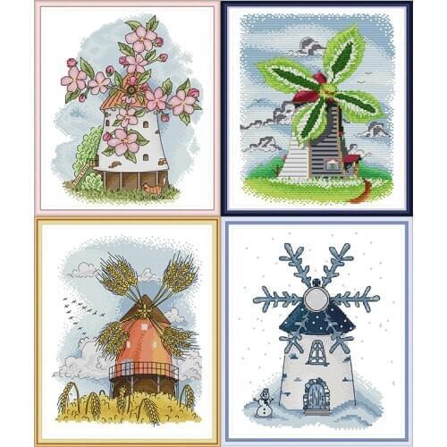 Four Seasons Windmill Cross Stitch Kit Printing Counted Cross Stitch 14CT 11CT Fabric Art Embroidery Set Handmade Needlework Set
