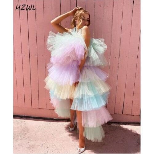 Prom Dresses Cheap Hi Lo Tiered Cocktail Party Dress Photoshoot Vestidos Maxi Tulle Skirt Lush Gowns