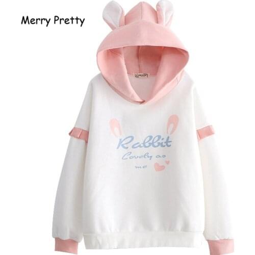 2020 New Women Hooded Hoodies Japanese Sweet Bunny Printed Fleece Sweatshirt Teens Girl Cute Blue Pink Rabbit Ears Pullovers