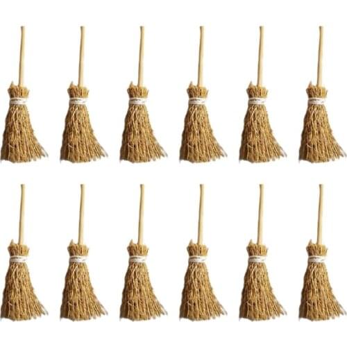 2021 New 12Pcs Miniature Artificial Mini Straw Broom with Rope Halloween Hanging Decoration Toys DIY Dollhouse Witches Party