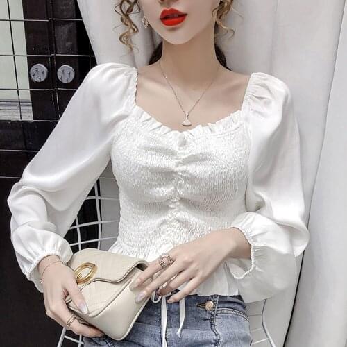 2021 Spring And Autumn New French All-match Shirring Chic Blouse Female Puff Sleeve Simple Niche Long-sleeved White Shirt