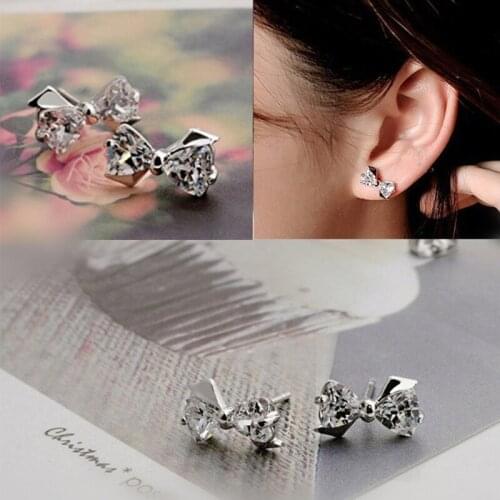 New Arrival Luxury silver Stud Earrings Shine Crystal Bow Design Earring for Women Wedding Ear Jewelry oorbellen