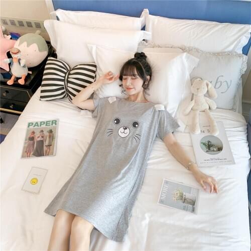 Plus Size Ladies Cartoon Sleepwear Short Sleeve Cute Nightdress Negligee Summer Cotton Nightgown Casual Nightshirt Home Dress