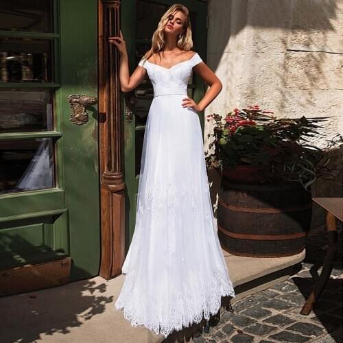 Stunning Tulle Off-the-shoulder Empire Waist with Pearls Crystals A-line Bridal Dress Appliques Wedding Dresses