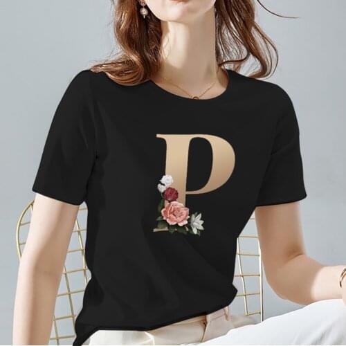 Casual Womens O-Neck All-match Tshirts Personalized Letter Pattern Printing Series Black Short Sleeve Tops Tee Women Clothes