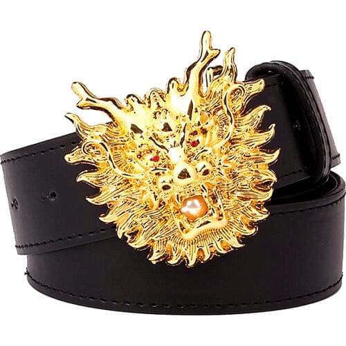 Fashion mens belt dragon head belt casual leather belt brand style metal buckle strap Golden Dragon head lion strap men gift