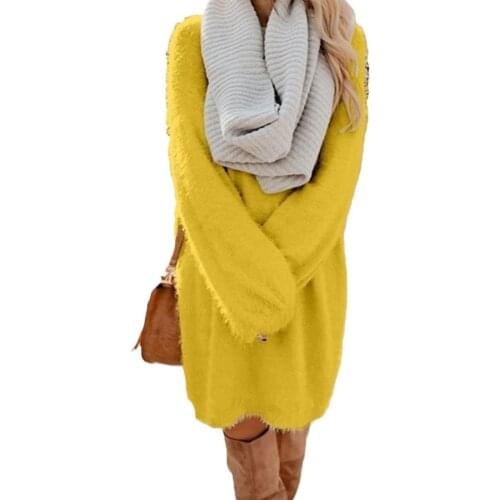 Chic Women Autumn Solid Color O Neck Sweater Fluffy Loose Knee-length Dress