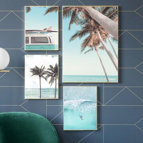 Blue Beach Surfing Van Tropical Canvas Painting Nordic Posters and Prints Wall Art Pictures for Living Room Club Home Decoration