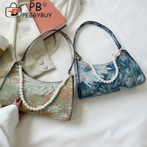 Versatile Oil Painting Printing Shoulder Bags Women Pearl Chain Small Underarm Bags Ladies Zipper Subaxillary Bags