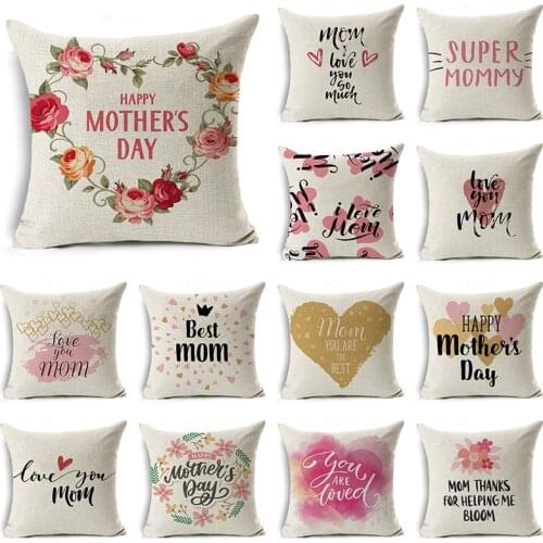 WZH Happy Mothers Day Presents Cushion Cover Cotton Linen LOVE Letter Gifts Home Decorative Pillows Cover for Sofa Pillowcase