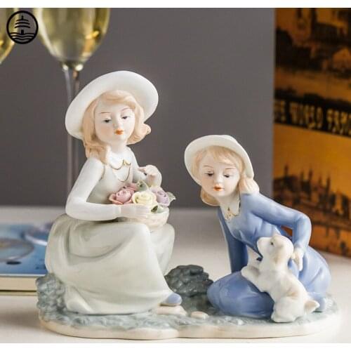 Western Woman Girl Dog Art Sculpture Decor Lady Character Statue Ceramic Craft European Home Decoration Accessorie Wedding Gift