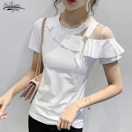 2021 Summer Sexy Off Shoulder Lace Stitching Women Shirt Casual Cotton Solid Short Sleeve Blouse Women Slim Ladies Tops 10061