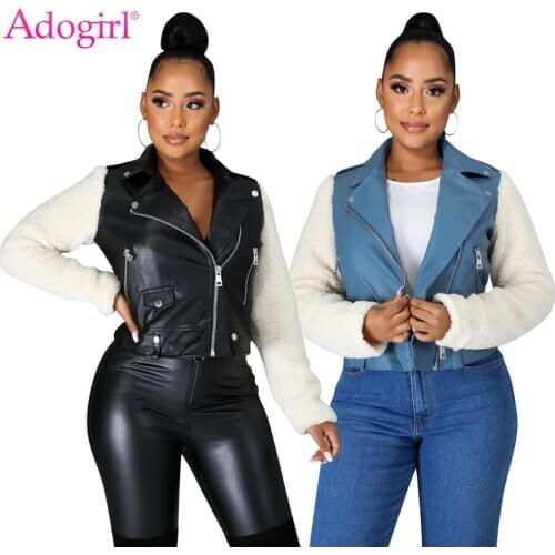 Adogirl Women PU Leather Plush Patchwork Zipper Jacket With Pockets Fall Winter Turn Down Collar Long Sleeve Short Casual Coat