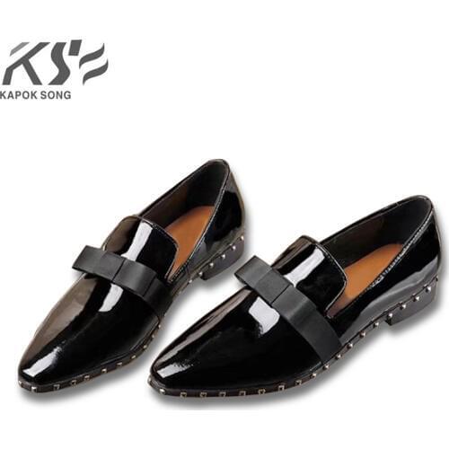 Women leather dress shoes metal pearl really leather shoes fashional patent genuine leather luxury designer comfortable female