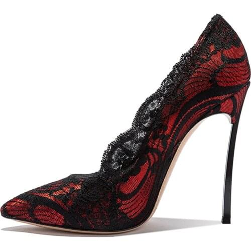 Womens Lace Court Shoes Pointy Toe Large Size High Heel Sexy Pumps Stilettos Real Leather Wedding Bridal Plus Sz 4Colors