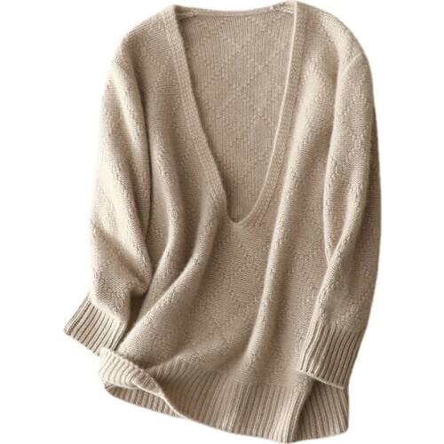 SHUCHAN French Style Winter Sweater Women 100% Cashmere Designer Argyle Deep V-Neck Oversized Knit Pullover Autumn Spring New