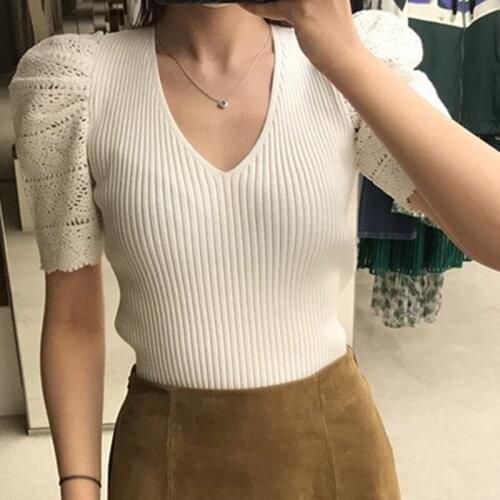 High End French Lady Spring Summer Slim Fit Lady Knitted Top Hollow Out Puff Sleeve White Sweater Women Pullover Pull Femme