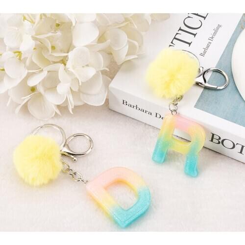 1PC Keyring Rainbow color English Letter Resin Keychain with Puffer Ball 26 English word A TO Z Handbag Charms for Woman