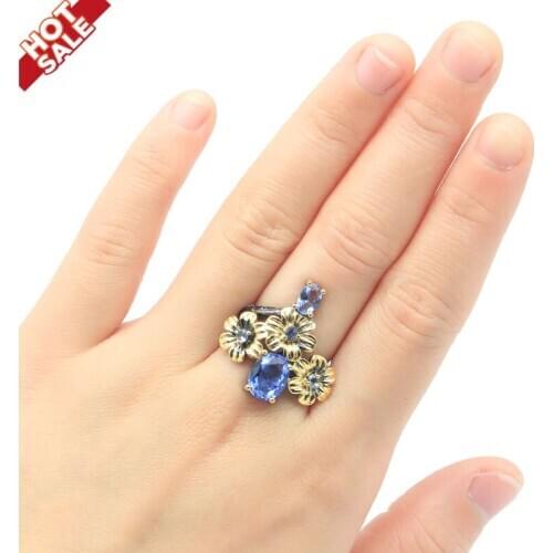 24x24mm Gothic Unique Design Vintage Created Violet Tanzanite Cool Black Gold Silver Ring For Women Rings Daily Wear