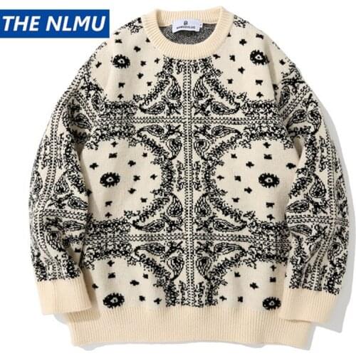 Harajuku Bandana Pinted Sweater Hip Hop Streetwear Knitted Jumper Christmas Sweater 2021 Loose Pullover Knitwear Tops WE290