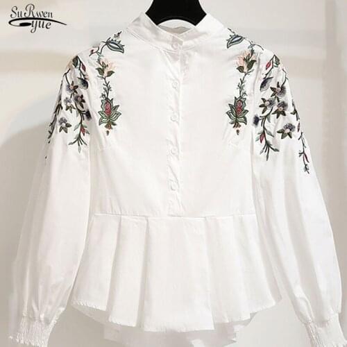 Blusas Womens Tops Blouses Korean 2021 Long Sleeve White Embroidery Shirt Elegant Lady Tops Chic Stand Fashion Clothing 2807