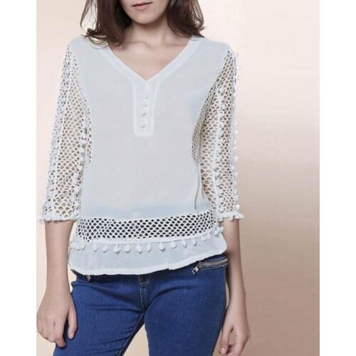 Celmia 2021 Autumn Women Lace Blouse White Shirts V-neck 3/4 Sleeve Hollow Casual Chiffon Tops Loose Blusas Femininas Oversized