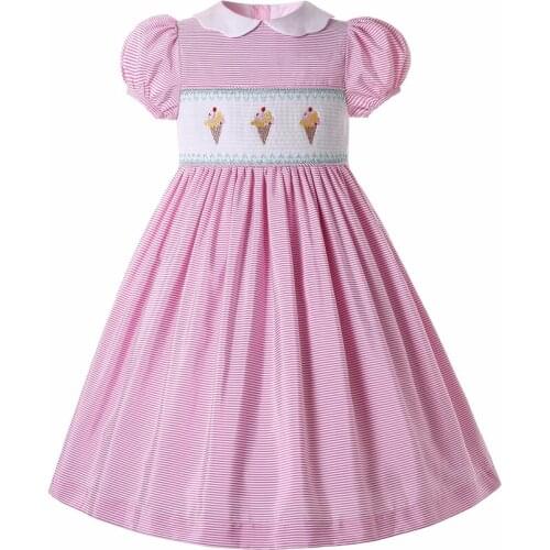 Pettigirl Children Kids Girls Summer Pink Striped Smocked Birthday Casual Dresses Short Sleeve Outfit Size 2 3 4 5 6 to 8 10 12Y
