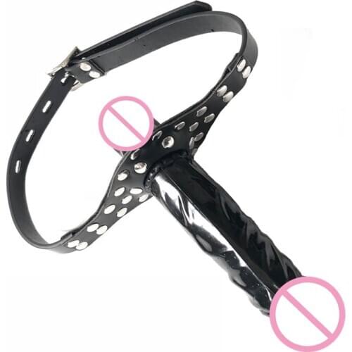 Double-Ended Dildo Gag Strap On Head PU Leather Harness Mouth Dildo Strapon Realistic Cock Dick Sex Product for Lesbian Women