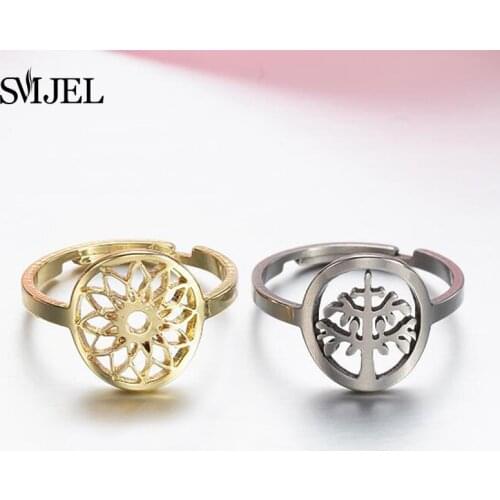 SMJEL Stainless Steel Tree of Life Rings for Women Bohemian Accessories Anillos Jewelry Mandala Flower Coconut Tree Ring Gift
