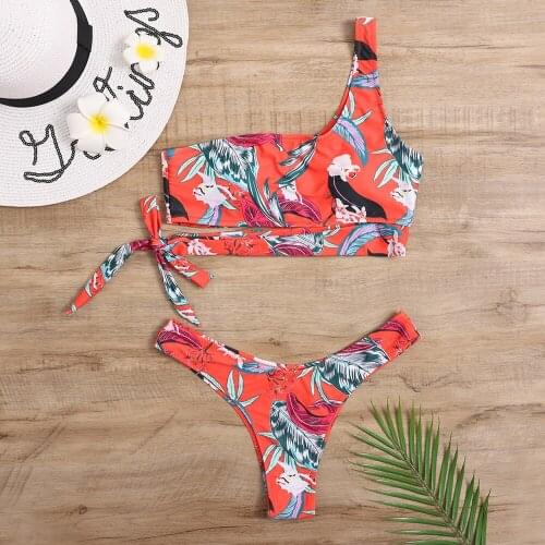 Red One Shoulder Bikini Micro Thong Brazilian Swimsuit Mini Printed Bandage Swimwear Women Female Bathing Suits Beach Wear