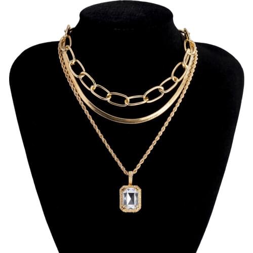3PCS/SET Vintage Punk Gold Flat Chains with Clear Crystals Charm Pendant Necklace for Women Girls Party Daily Clavicle Necklace