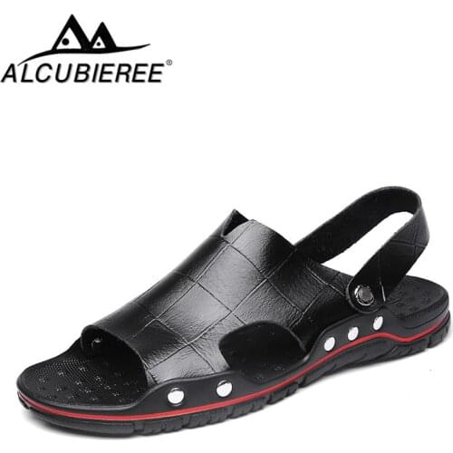Genuine Leather Mens Sandals Open Toe Slip On Fashion Casual Shoes Men Mens Slippers Roman Summer Beach Sandals Plus Size 38-48