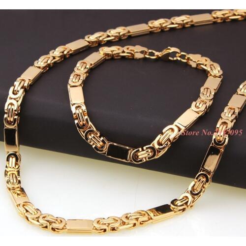 6mm 55cm/22cm set Men Bracelet Byzantine Link Chain Gold Tone Stainless Steel Necklace Bangle women punk rock jewelry cool gift