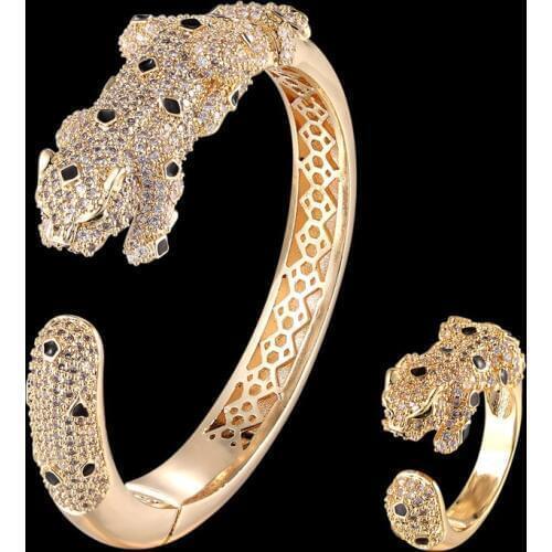 Zlxgirl Brand Jet Enamel Leopard shape bangle and Ring Jewelry Set fashion mens bridal bracelet couple gifts free Velvet bag